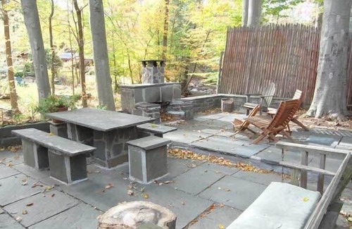 Woodstock House | Brookside Retreat: streamside patio outdoor fireplace fenced yard walk to town!