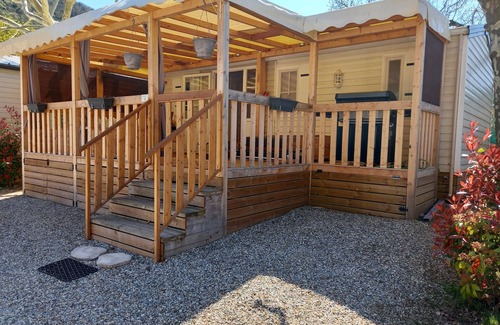 Saint-Julien-en-Saint-Alban RV Rental | Caravan "Mobil-home Camping" with Mountain View, Shared Heated Pool & Wi-Fi