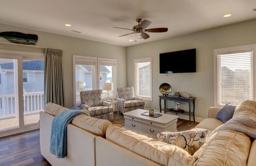 Village of Stump Sound House | Coastal home with ocean views, 3 decks, central AC, washer/dryer, & pool