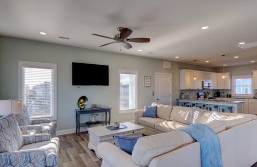 Village of Stump Sound House | Coastal home with ocean views, 3 decks, central AC, washer/dryer, & pool