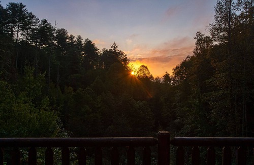 Almond Cabin | Couple's private escape mountain cabin with fireplace and hot tub on deck