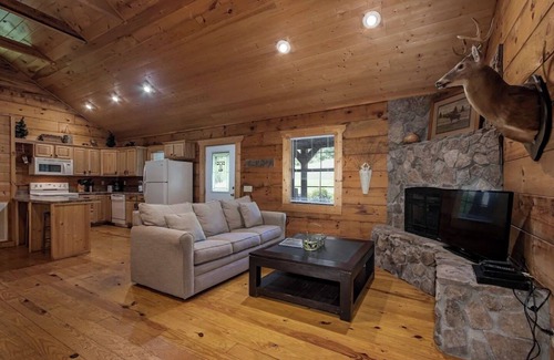 Tellico Plains Cabin | Deer cabin. This modern log cabin with HOT TUB is a large studio with all of the 'bells and whistles' !