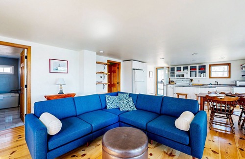 East Boothbay House | Dog-friendly river-view home with wood stove, deck, patio, dock, beach, grill