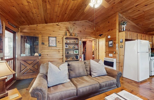 Cherry Log Cabin | Forest view cabin with private hot tub, furnished deck, fireplace, and grill