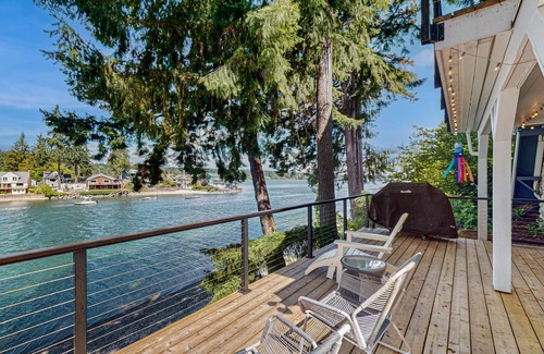 West Hills House | Gorgeous bay front gem with decks, grill, fireplace, wood stove, & private sauna