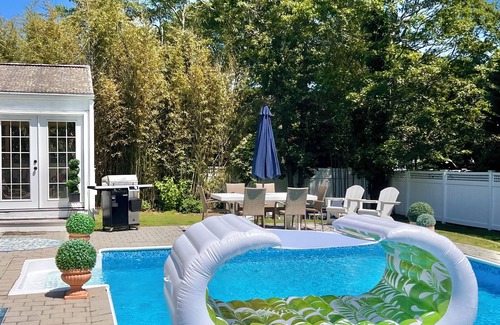 Hampton Bays House | Hamptons Poolside Retreat, Spacious Porch, Firepit & Pet Friendly Haven