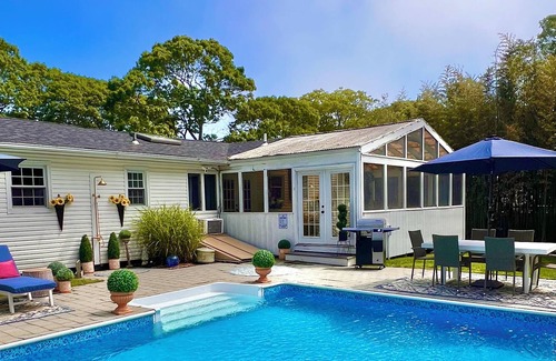 Hampton Bays House | Hamptons Poolside Retreat, Spacious Porch, Firepit & Pet Friendly Haven