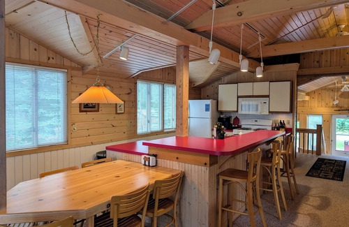 Sayner Cabin | Harlequin Haven at White Birch Lake | HotTub, AC, Lake Access & Dock, Dogs OK