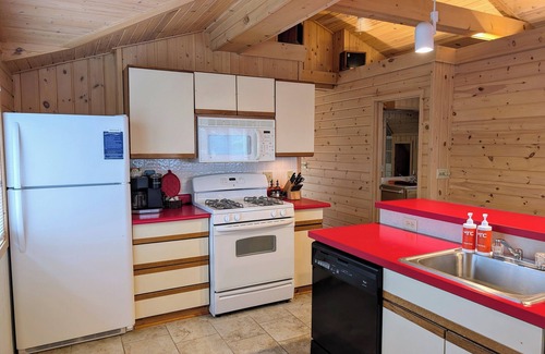 Sayner Cabin | Harlequin Haven at White Birch Lake | HotTub, AC, Lake Access & Dock, Dogs OK