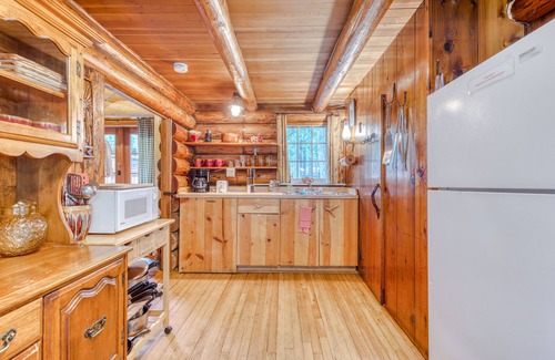 Mount Hood Village Cabin | Historic riverfront Steiner cabin in forest with firepit, deck, & patio lounging