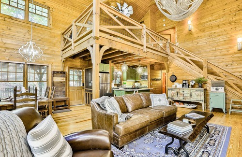 Young Harris Cabin | Homey riverfront cabin with hot tub, grill, wood fireplace, AC, & scenic views