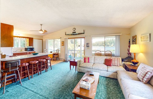 Rathdrum House | Lakefront home with private dock, large yard, wood stove, firepit, grill, W/D