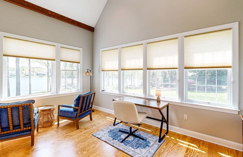 Mineral House | Lakefront home with private dock, kayaks, beach, badminton, firepit, & deck
