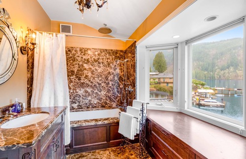 Bellingham House | Lakefront home with stunning view, hot tub, dock, decks, firepit & rec room