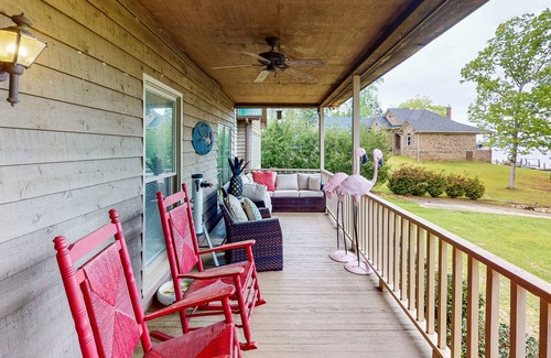 Leesville House | Large lakefront home with porch, private dock, fire pit, WiFi, & AC