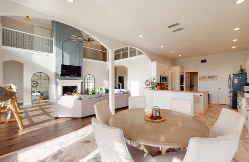 Rowlett House | Luxe, lakefront home with amazing private pool with fountain & home office