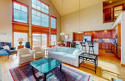 Grand Elk Ranch House | Modern mountain view home with balconies, Ping-Pong table, grill, & fireplace