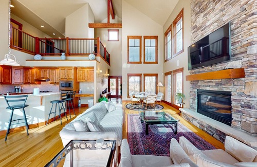 Grand Elk Ranch House | Modern mountain view home with balconies, Ping-Pong table, grill, & fireplace