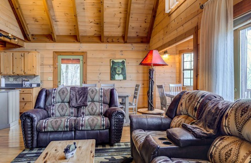 Blue Ridge Cabin | Mountain-view cabin with private hot tub, firepit, pool table, fireplace & stove