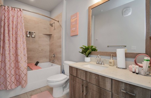 Katy Apartment | ♥ Remote Work ♥ Luxury Pink/Olive near Typhoon Waterpark & Katy Mills Shopping