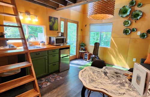 Mill Spring House | Romantic treehouse nestled on the creek, private deck, loft bedroom, shower skylights, bridge, sleeps 3.