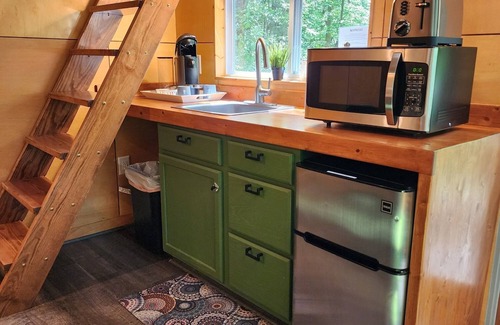 Mill Spring House | Romantic treehouse nestled on the creek, private deck, loft bedroom, shower skylights, bridge, sleeps 3.