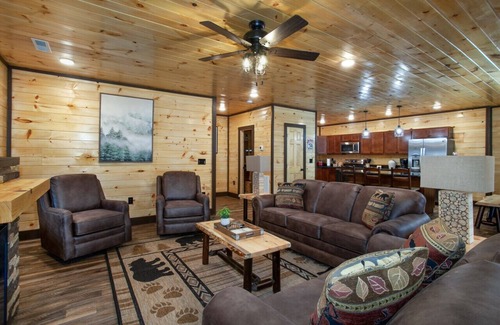 Sevierville Cabin | Rustic-Chic Retreat with Hot Tub, Stone Fireplace & Game Room