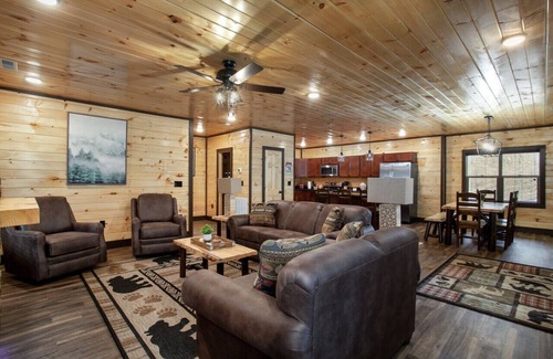 Sevierville Cabin | Rustic-Chic Retreat with Hot Tub, Stone Fireplace & Game Room