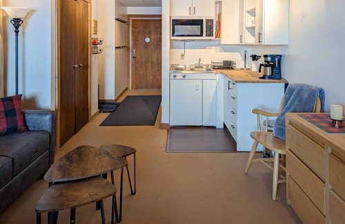 Big White Ski Resort Condo | Rustic studio near the slopes with hot tub, sauna, & efficient layout