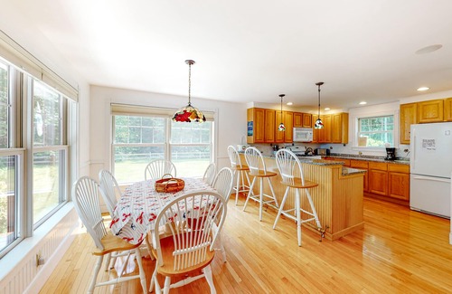 Ellsworth House | Secluded lakefront home with patio & firepit, fast WiFi, wood stove & W/D