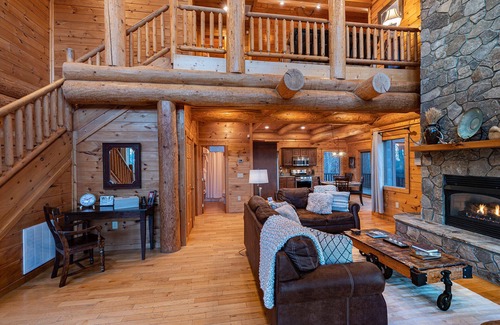 Almond Cabin | Secluded log cabin with fireplace and hot tub on deck.