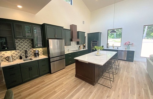 Dewy Rose House | Stunning contemporary home in the woods; sauna, screened porch, soaring ceilings