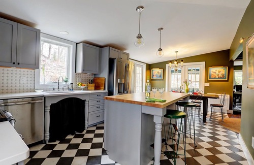 Woodstock Cottage | Tannery Brook Cottage: Terraced Garden with Patio, Cascade and Fire Pit.