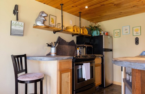 Wildwood Cottage | The Cavern on The Green. A unique hand-carved home. Quiet, great views
