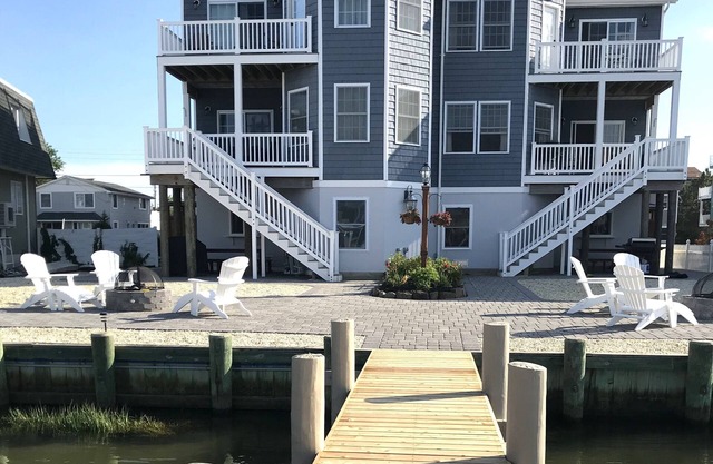 Bayfront with dock, waters edge fire pit, Beach Haven Park, Long Beach Island.