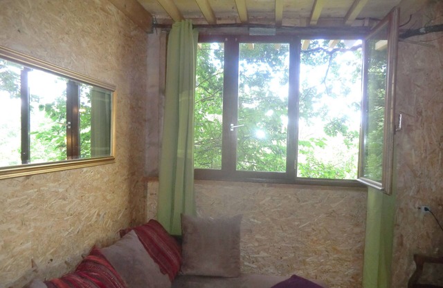 Cabin perched in the trees with jacuzzi and swimming pool
