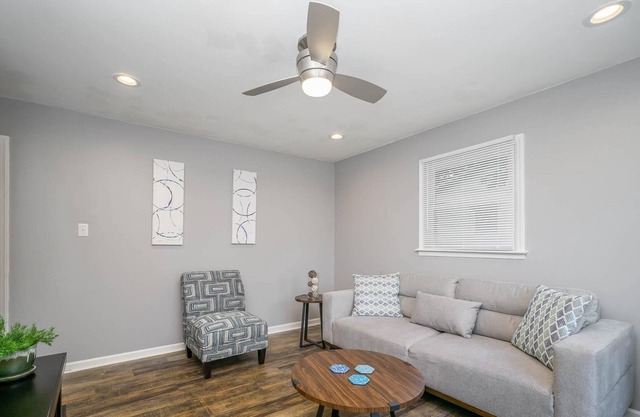 Comfortable ranch home with an art gallery vibe, updated kitchen and 55-inch smart TV.