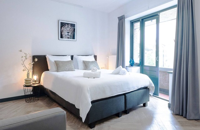 Contemporary studio featuring a private kitchen, bathroom, and two balconies