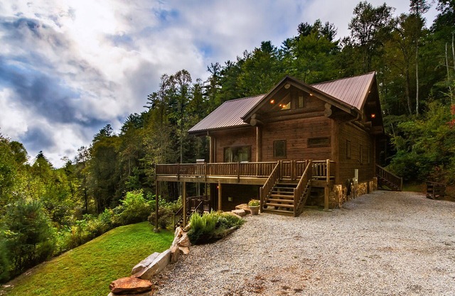Couple's private escape mountain cabin with fireplace and hot tub on deck