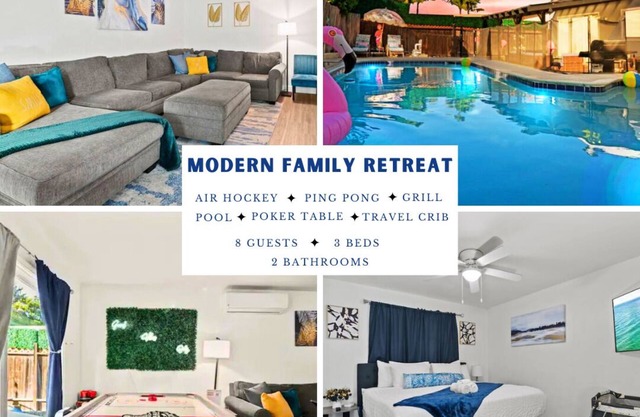 Family-Friendly 3BR Home with Pool, Air Hockey & Patio