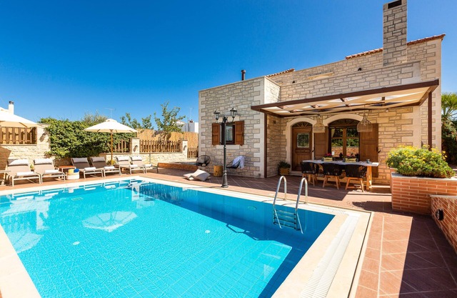Family villa Myrtia with heated pool, 2 minutes walking to local amenities