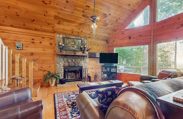 Inviting forest cabin with pool access & picture windows