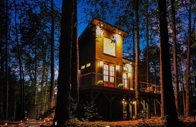 Luxury, Romantic TreeHouse Retreat near Charlotte with Hot Tub, Bar, & Fire Pit