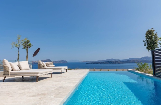 Modern Santorini Villa | Villa Mystic | 3 Bedrooms | Private Heated Pool |.