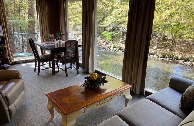 Our cabin is located next to a mountain stream with a great view of the river.