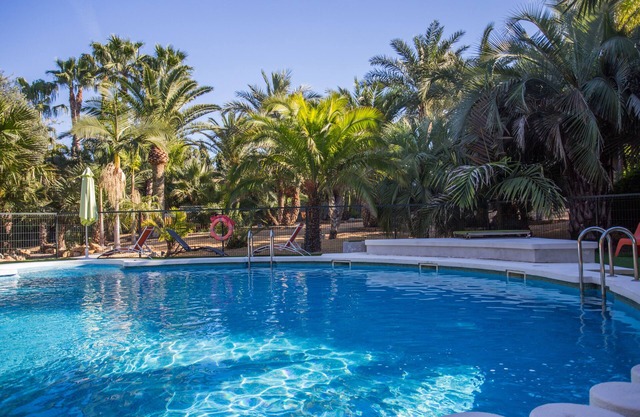 Pool and Jacuzzi surrounded by palm trees, tranquility and open air
