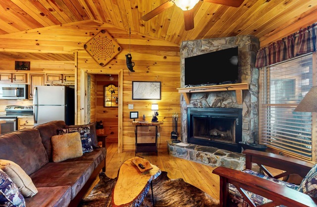 Rustic dog-friendly cabin with deck, fireplace, grill, forest views, & streaming