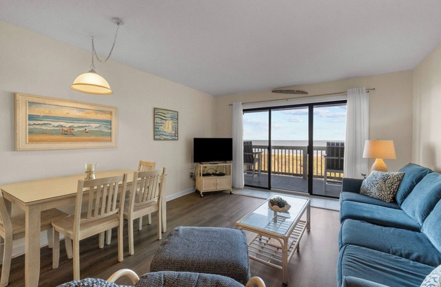 Spectacular ocean views from two private balconies with cheerful decor close to town of Duck