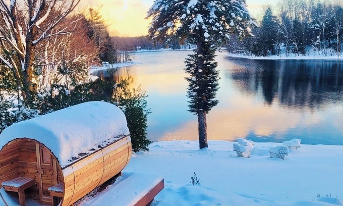 Gaylord Ski Chalet | 7K Sqft Lakefront Escape, Sandy Beach, Barrel Sauna, Game Room, Fire Pit