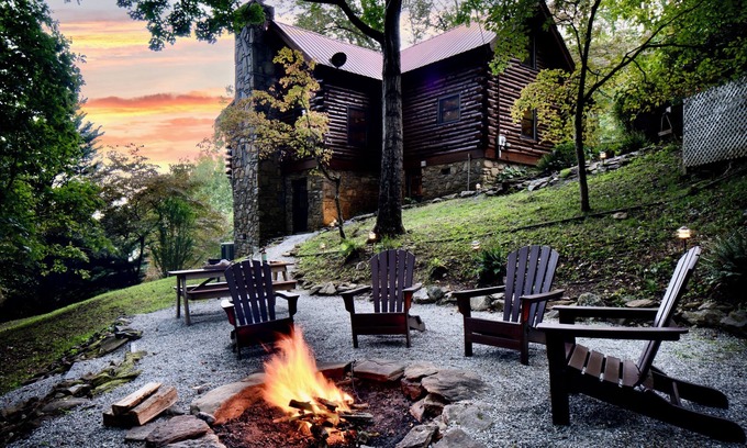 Sylva Cabin | Amazing Views! Hand Built Log Cabin with Hot Tub + Fire Pit